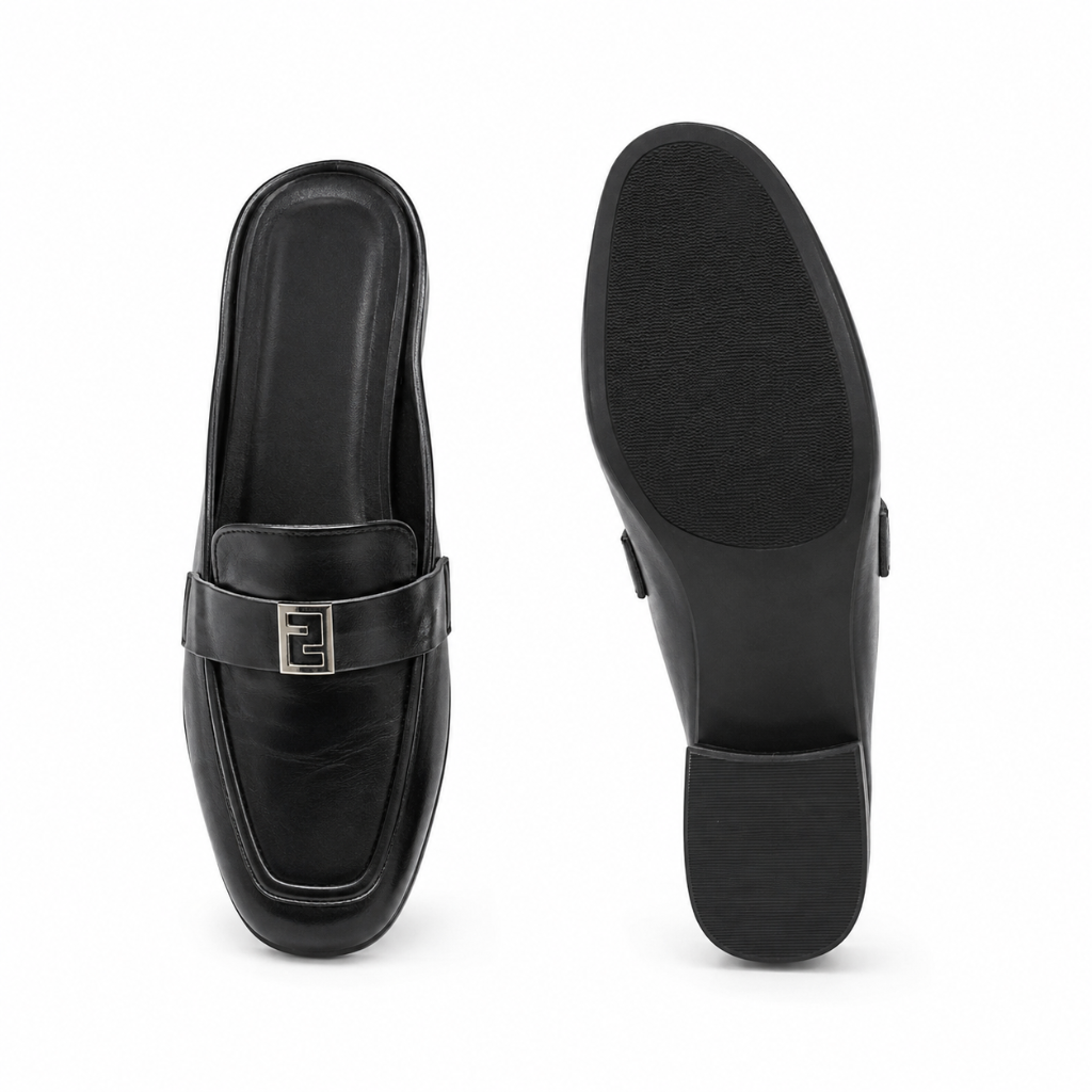 Luxembourg women's black mules side profile
