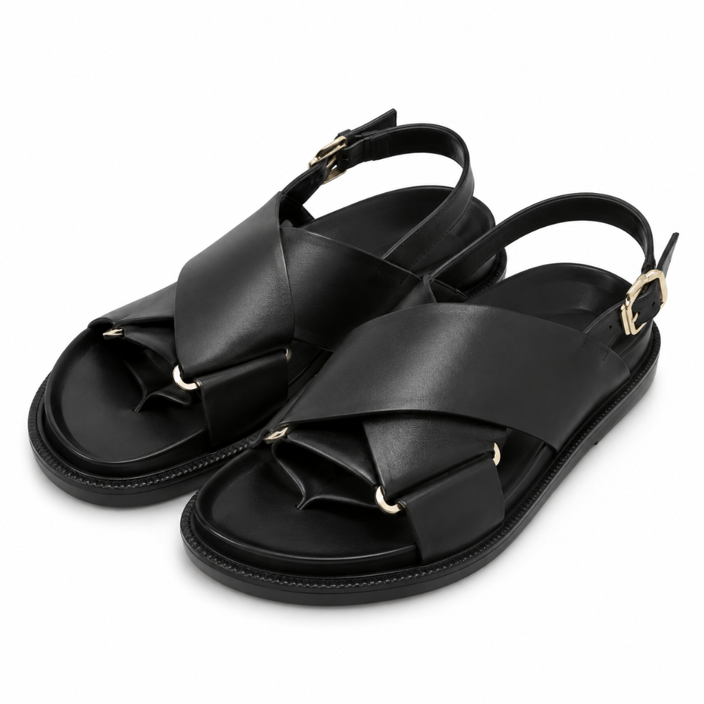 Marseille women's black leather sandals upper detail