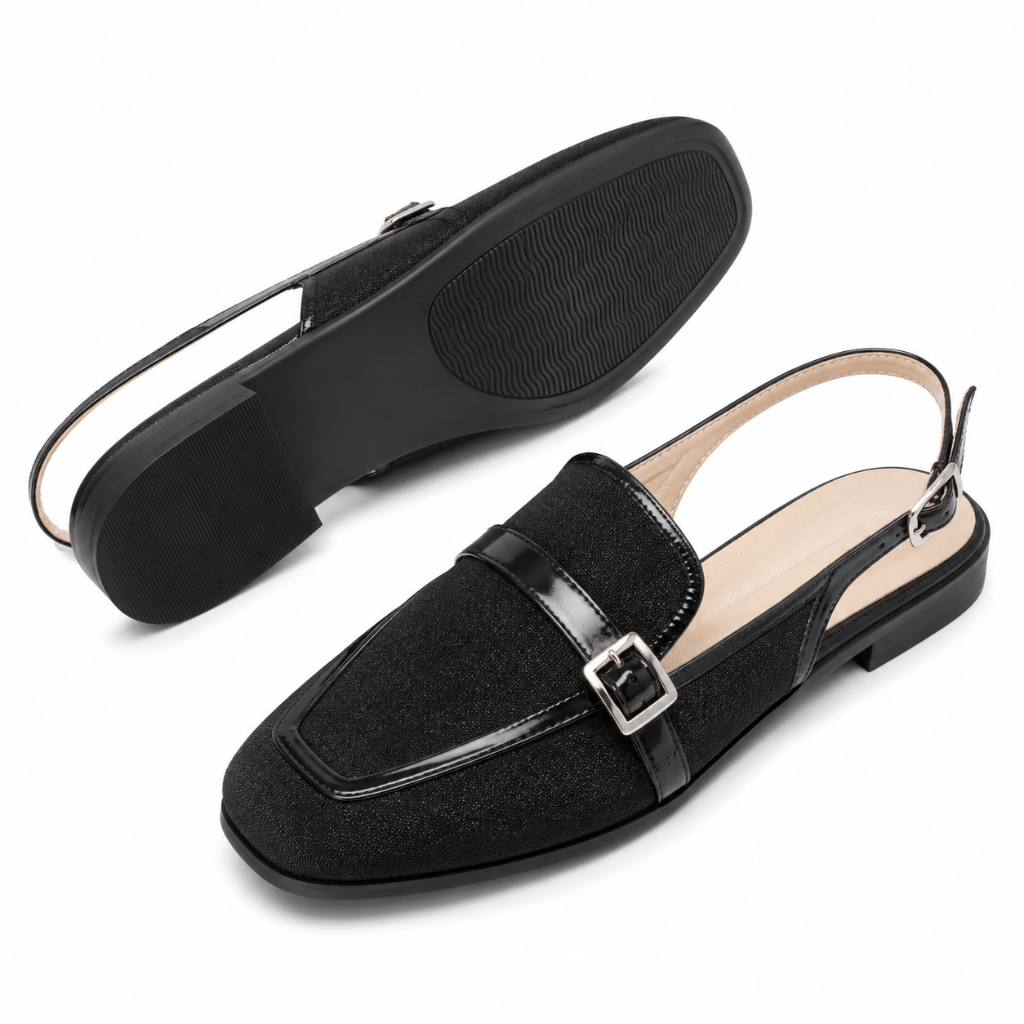 Milan women's black mules buckle strap detail