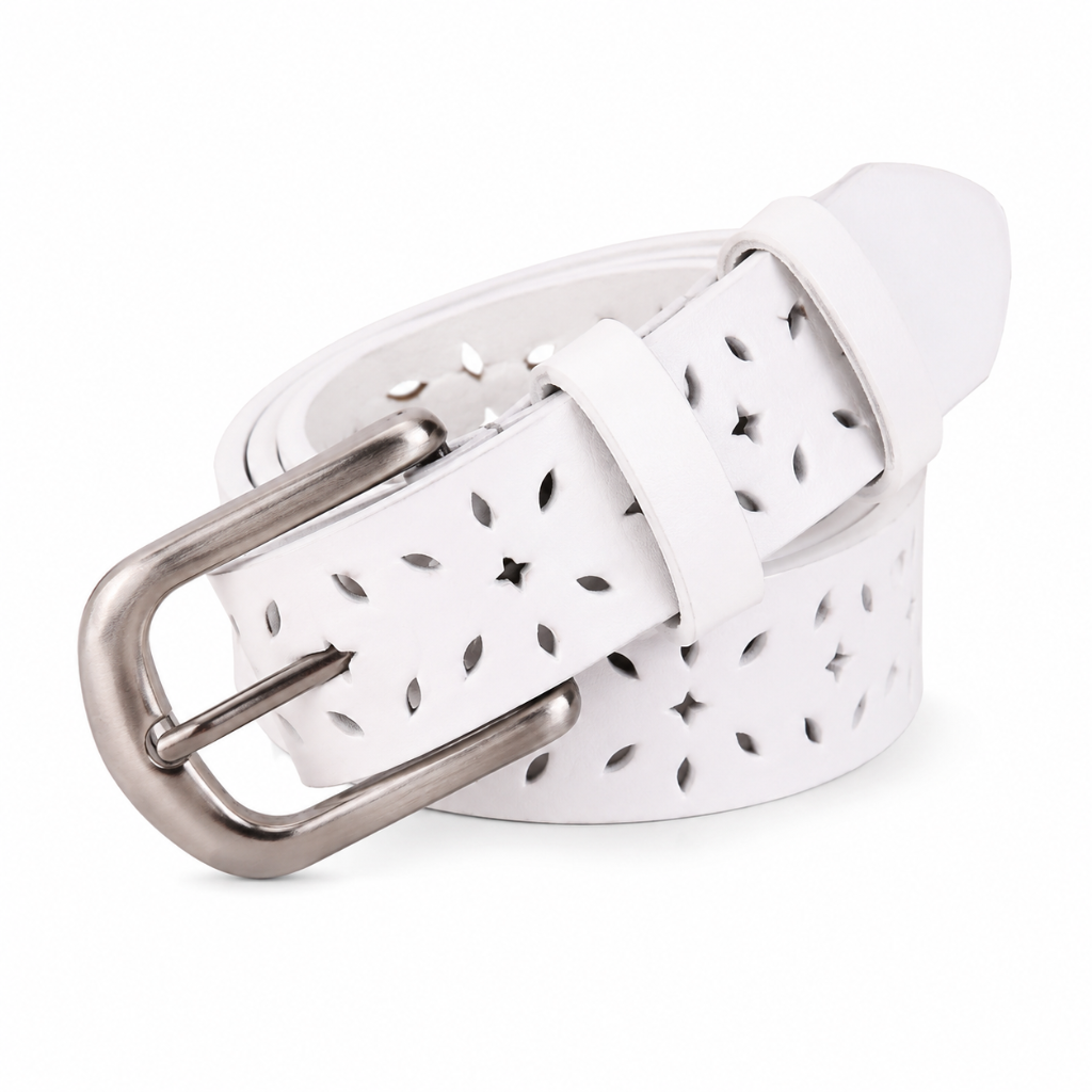 Sevilla white split-leather belt buckle detail
