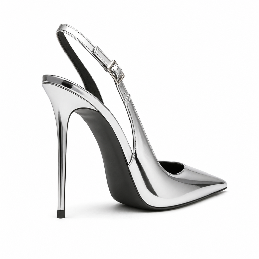 Avignon women's silver court shoes heel detail