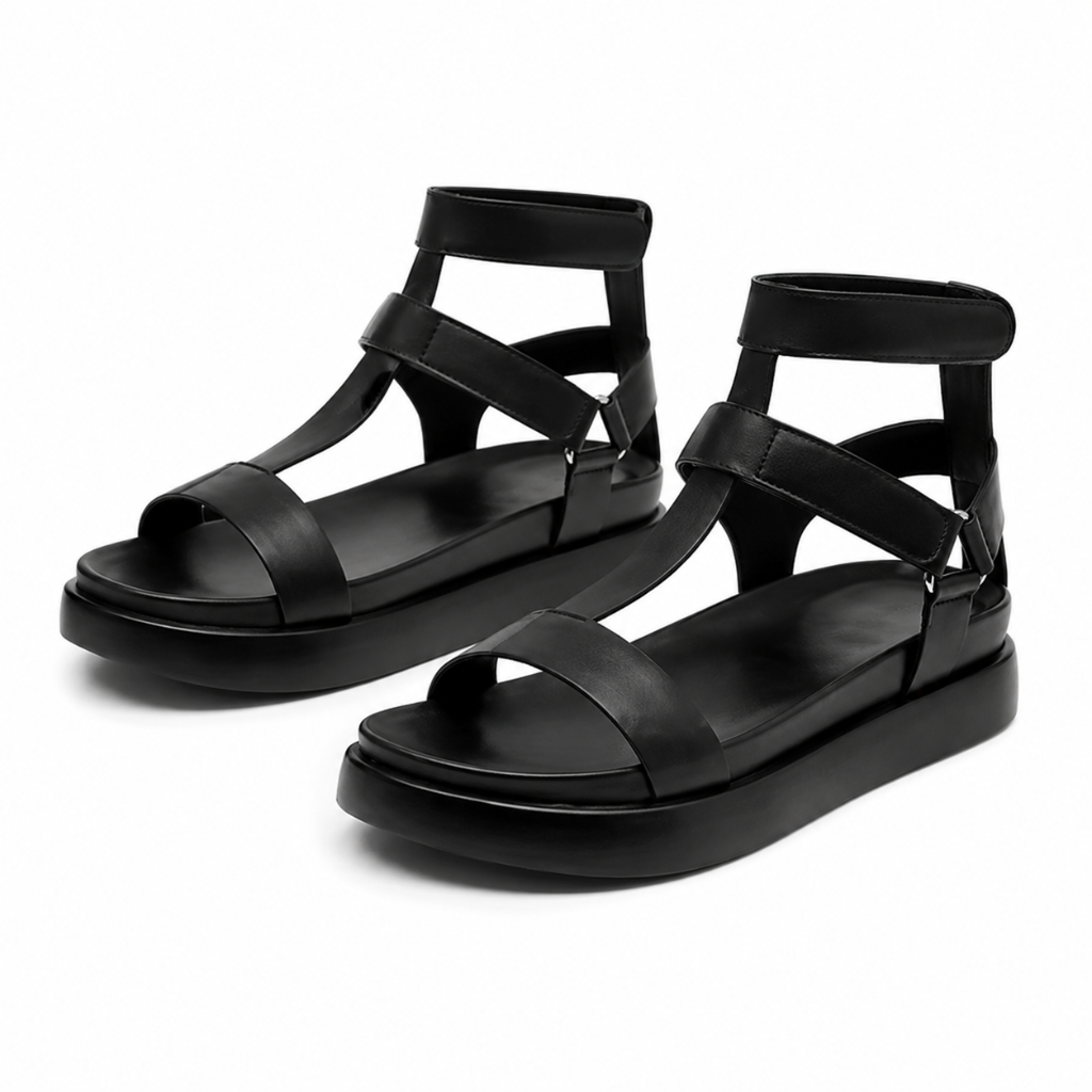 Versailles women's black leather sandals upper detail