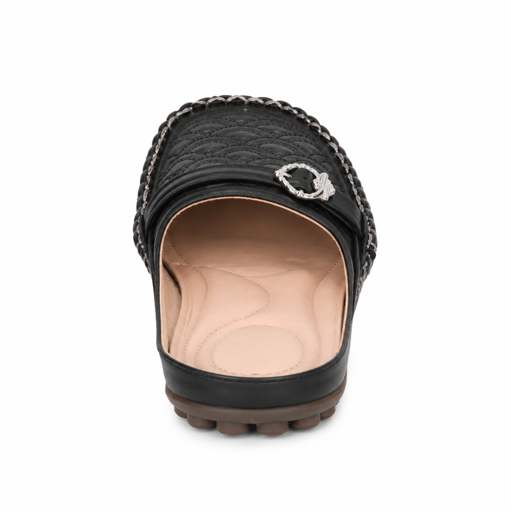 Saint-Tropez women's black mule-style sandals embroidered print detail