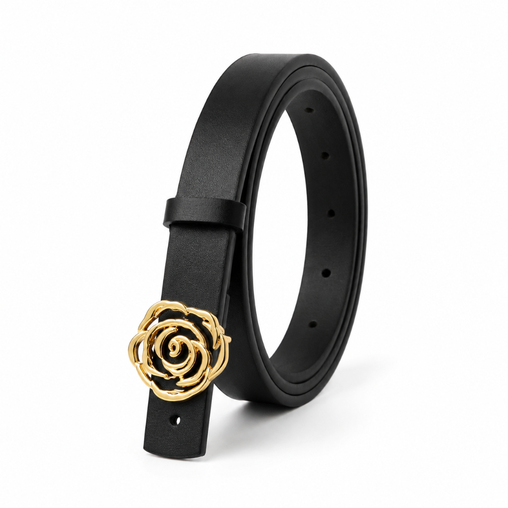Lisbon black leather belt rose-flower buckle detail