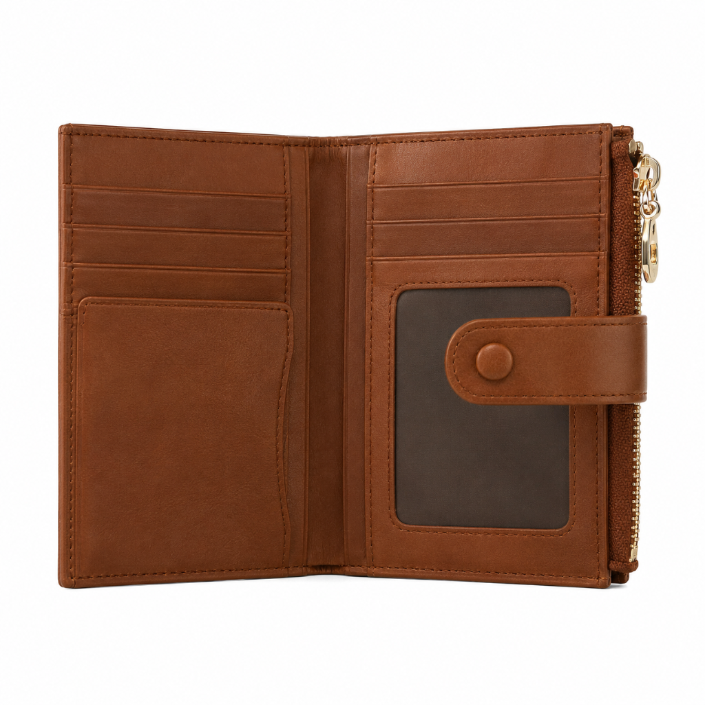 As women's caramel wallet closure detail