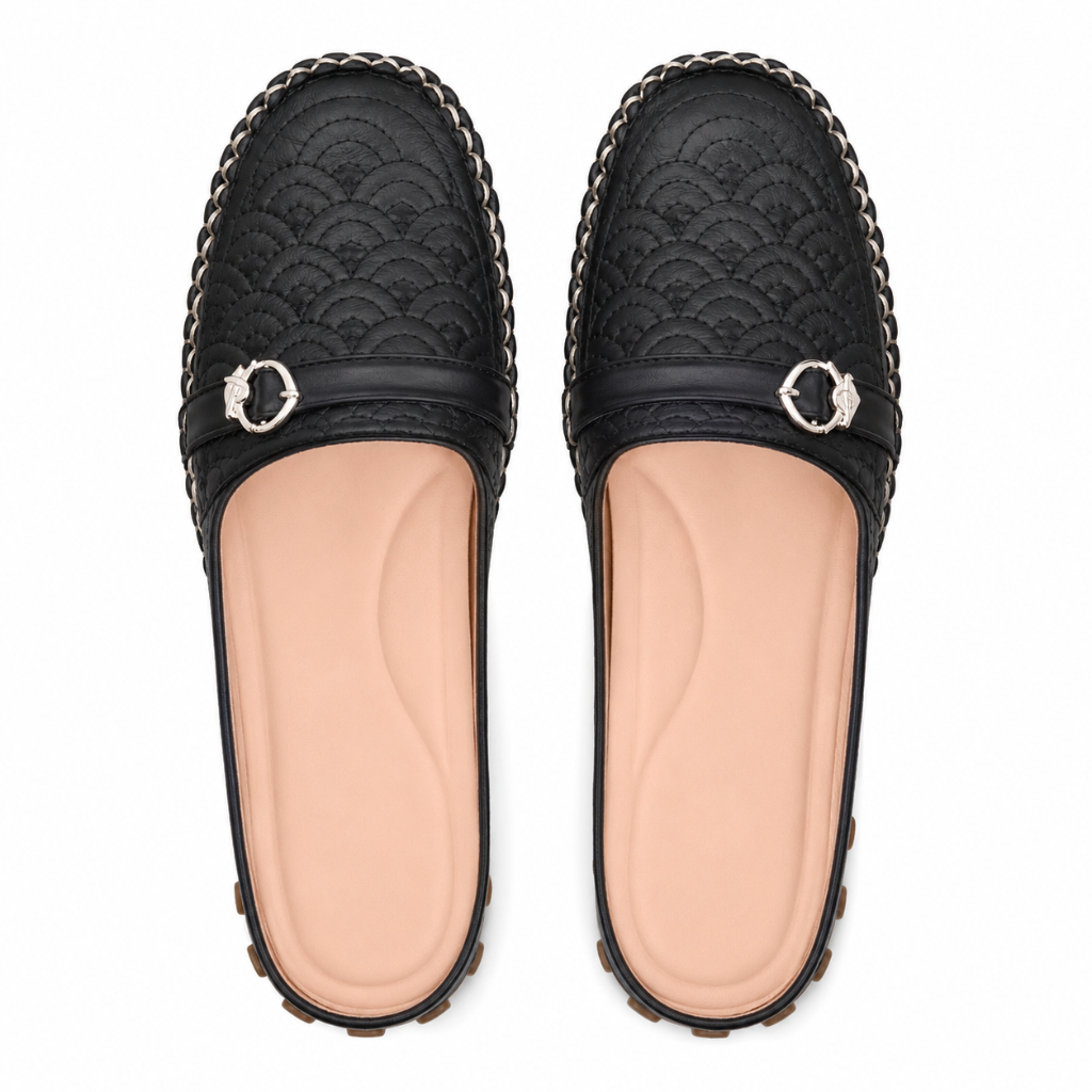 Saint-Tropez women's black mule-style sandals fabric insole detail