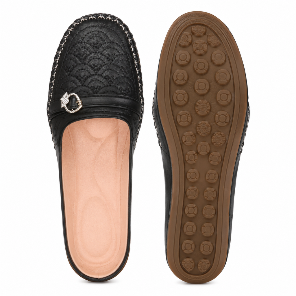 Saint-Tropez women's black mule-style sandals PU upper detail