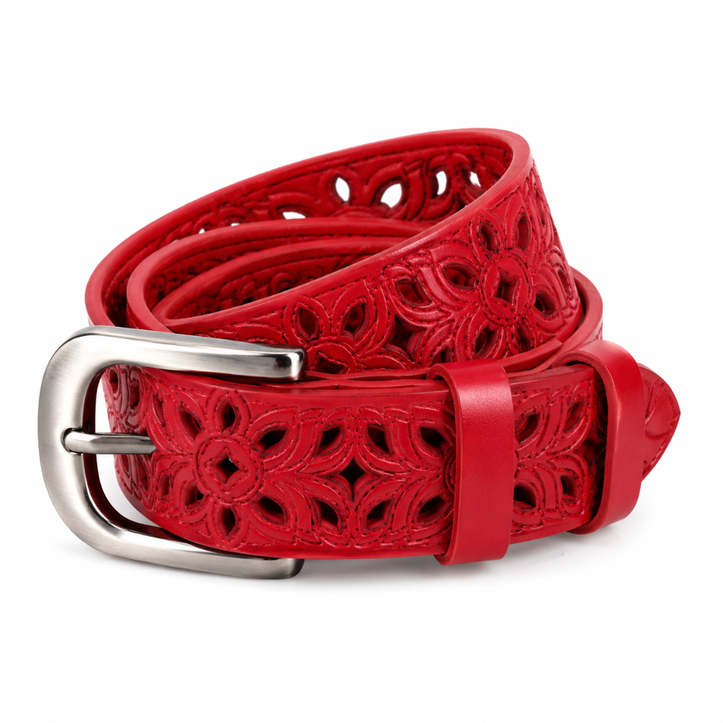 Sevilla red split-leather belt buckle detail