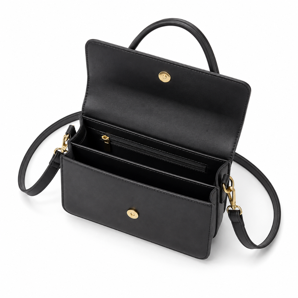 Elysium women's black crossbody bag interior zip pocket detail