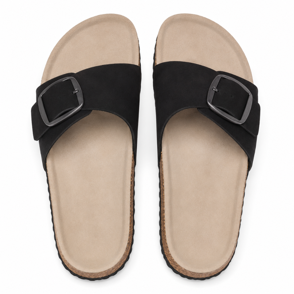 Deauville women's black suede sandals full-grain leather insole detail