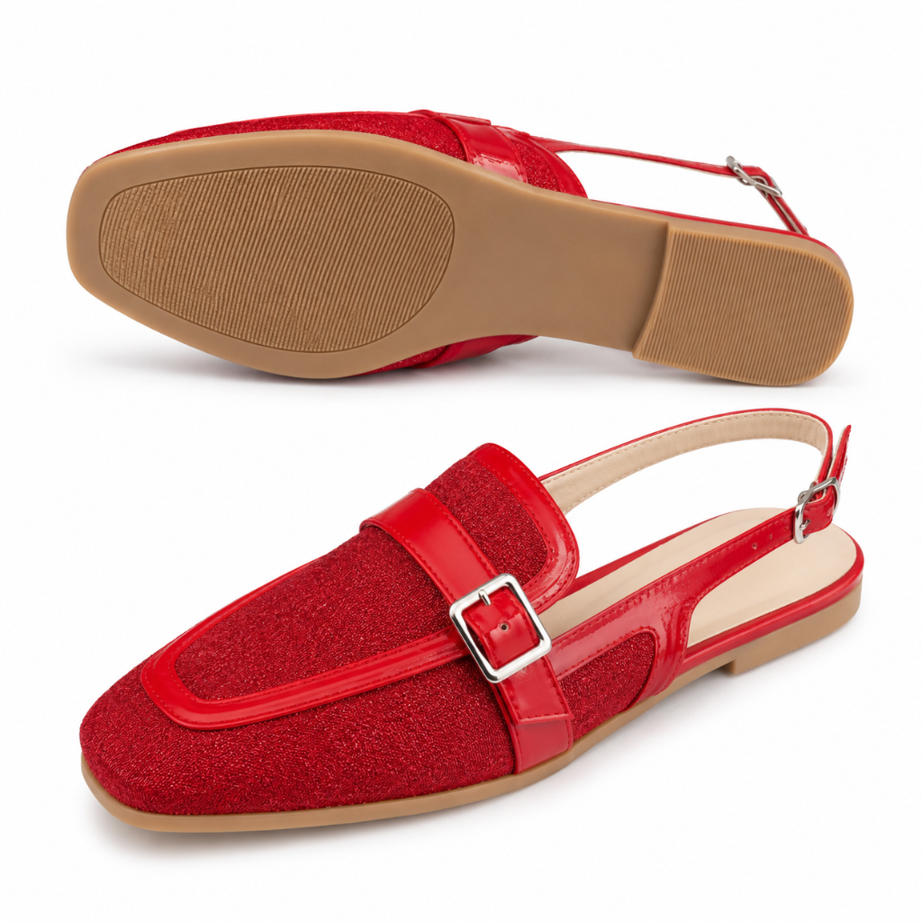 Milan women's red mules buckle strap detail